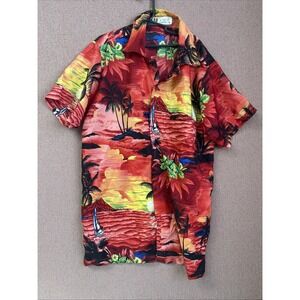 VHO hawaiian shirt LADIES RED‎ Treescape SMALL Aloha